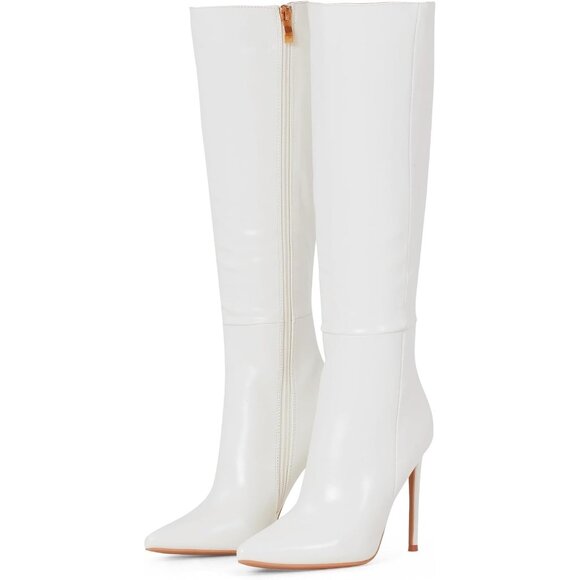 Women's White Leather Suede Knee High Stiletto Tall Pointed Toe Stylish Boot